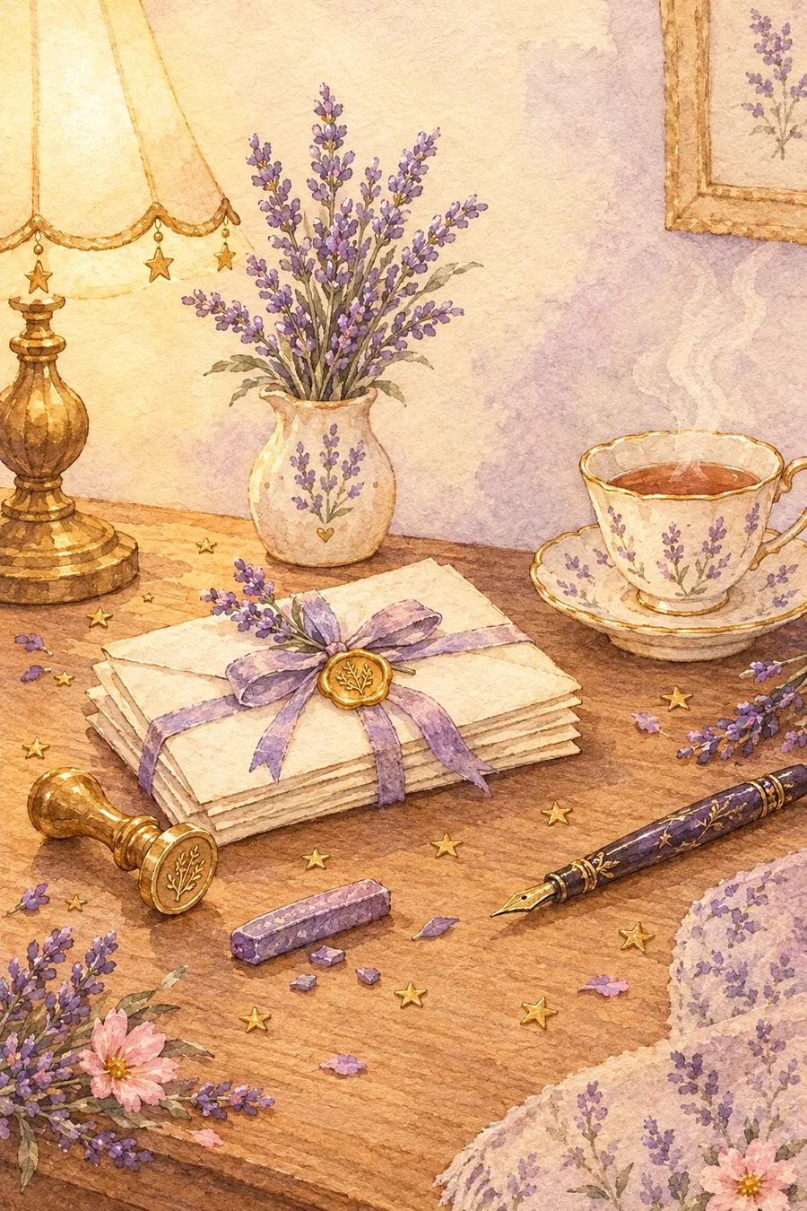 A cozy cottagecore writing desk with a bundle of letters tied in lavender ribbon, a gold wax seal stamp, a steaming teacup, and sprigs of lavender.