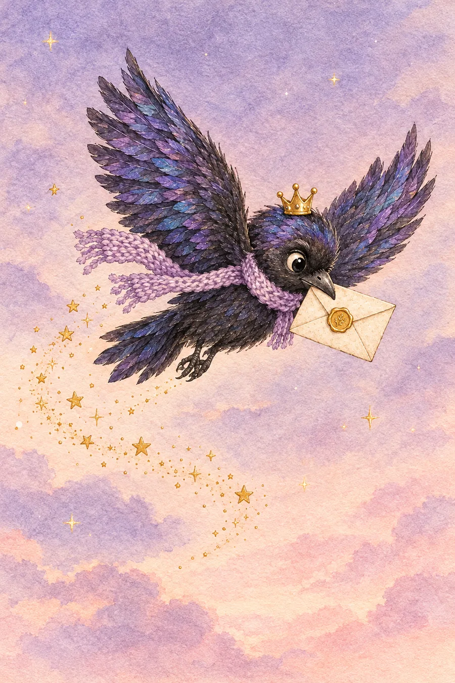 The Society Crow flying through a lavender and blush dusk sky, carrying a cream envelope in its beak with a trail of gold stars behind.