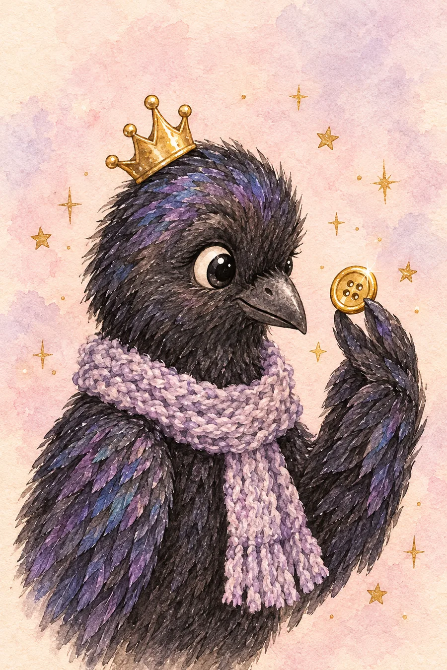 Portrait of the Society Crow gazing adoringly at a shiny gold button held in its wing, gold stars floating around it.