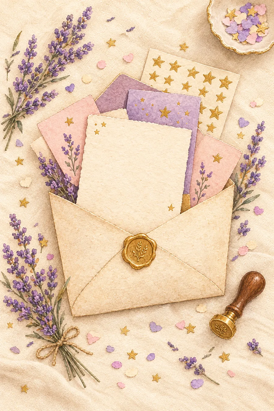 A flat-lay of an open cream envelope spilling out affirmation cards, a letter, gold star stickers, lavender sprigs, and paper confetti.